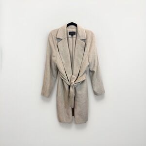 Ann Taylor Size Large Herringbone Tie Waist Coat with Pockets in Beige & Taupe